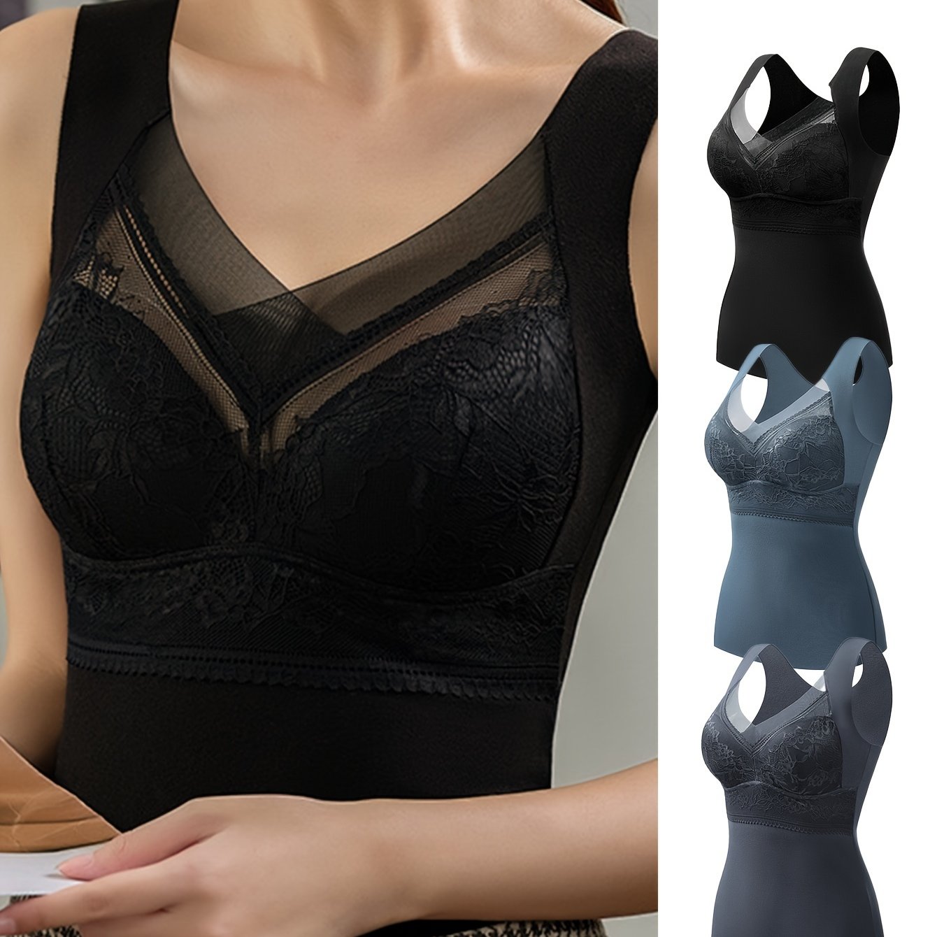 3pcs Lace Thermal Underwear V Neck Sleeveless Top Women's Lingerie