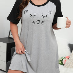  Cat Print Raglan Sleeve Nightdress