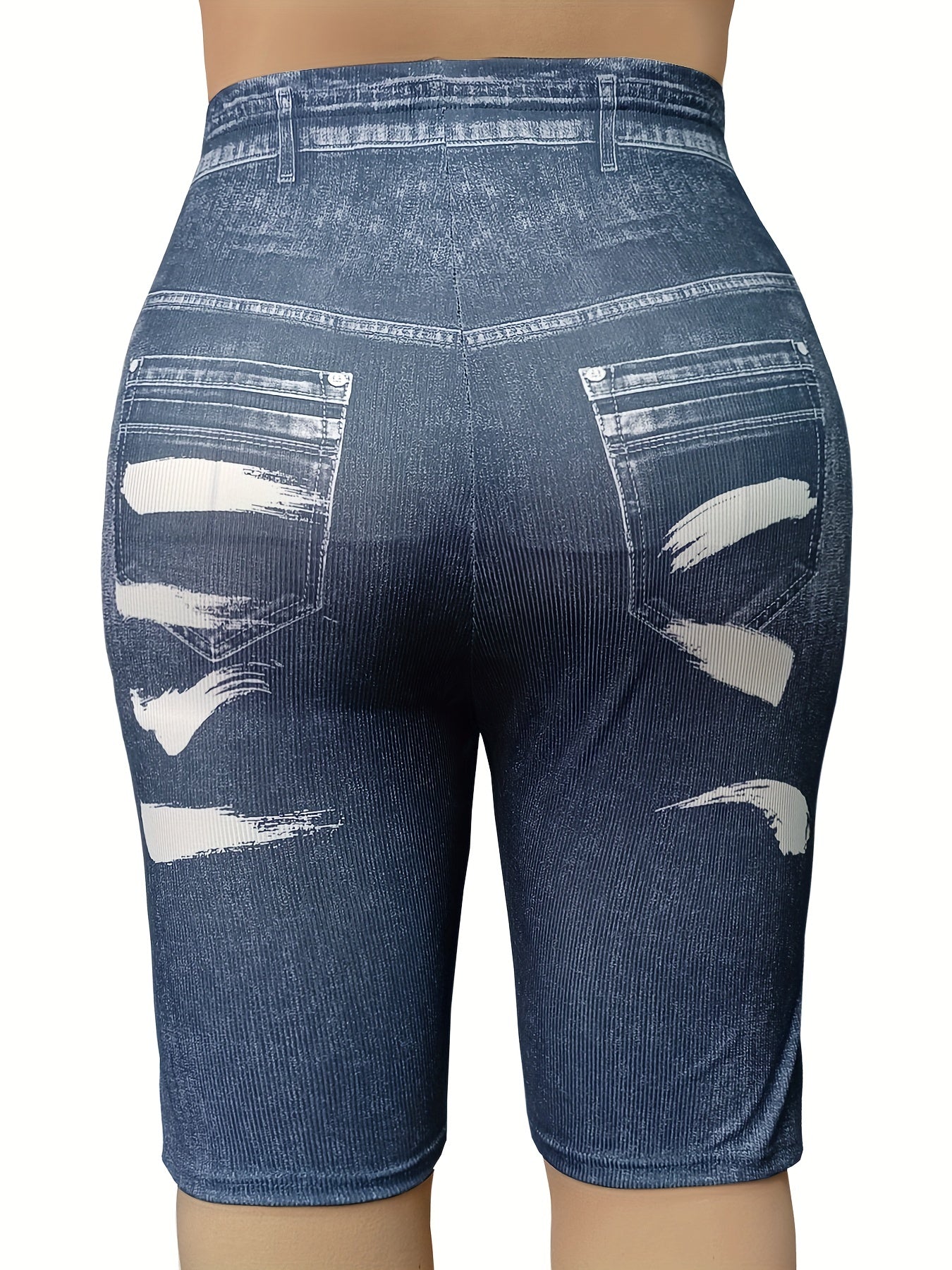  Denim & Brush Print High Rise Skinny Shorts