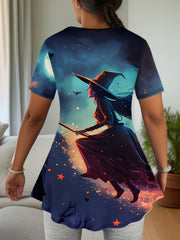  Halloween Cartoon Witch Print Tunic Top & Flared Leg Pants Set