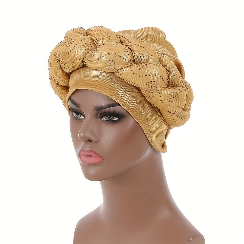 Golden Twist Braided Turban Cap Rhinestone Decor Head Wrap Hijab Hats