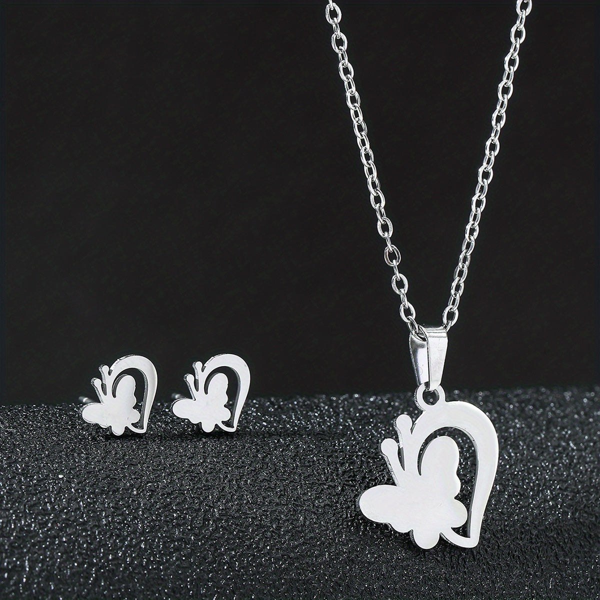 Stainless Steel Butterfly Flower Heart Stud Earrings & Necklace Set