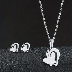Stainless Steel Butterfly Flower Heart Stud Earrings & Necklace Set