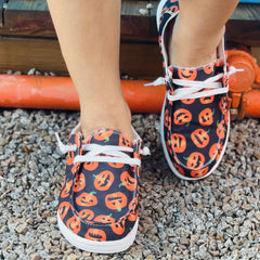 Women's Pumpkin Printed Lace Up Low Slip On Lightweight Flat Shoes
