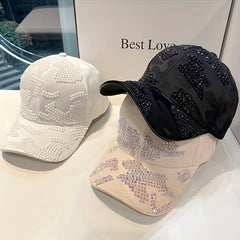 Rhinestone Decor Adjustable Baseball Cap Solid Cotton Sunscreen Dad Hats