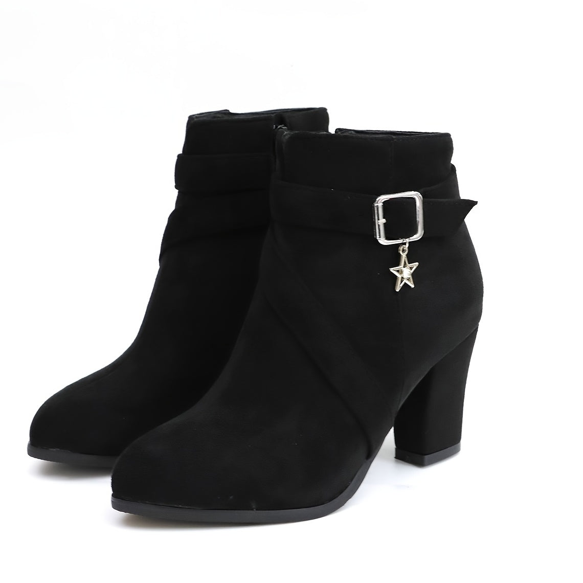Women's Star Buckle Ankle Boots Block High Heels Round Toe