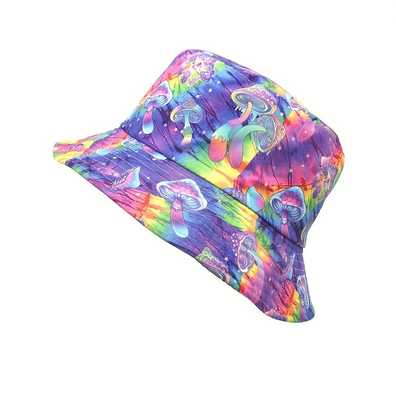 Y2K Rainbow Mushroom Bucket Hat Tie Dye Print Reversible Fisherman Cap