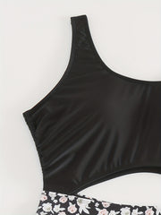  Colorblock Floral Print Lace Up Side One Piece Swimsuit