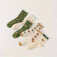 6 Pairs Cartoon Bear Print Socks Cute & Comfy Women's Mid Tube Stockings