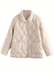 Solid Lapel Quilted Jacket Long Sleejsonves Patched Pockets Outdoor Padded Jacke