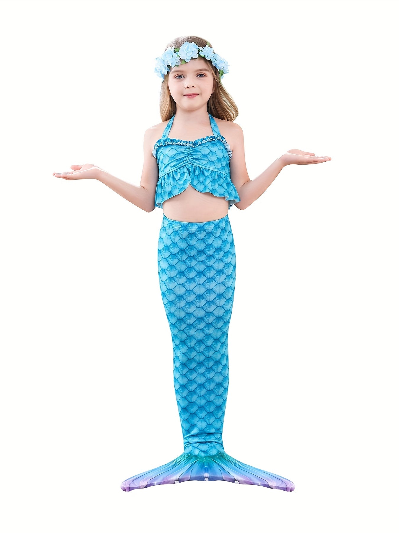 Girls Mermaid Swimsuit 3pcs Halter Bikini Set & Mermaid Tail