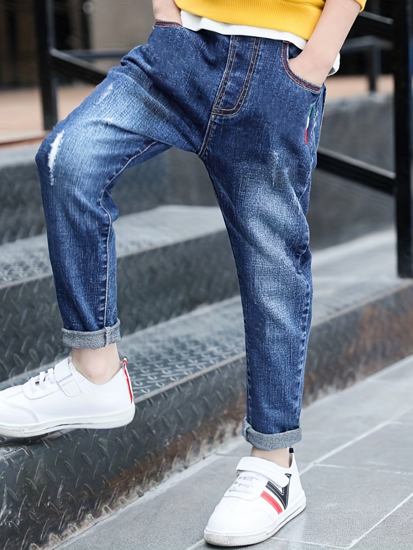 Boys Ripped Jeans Casual Elastic Waist Denim Pants Kids Clothes