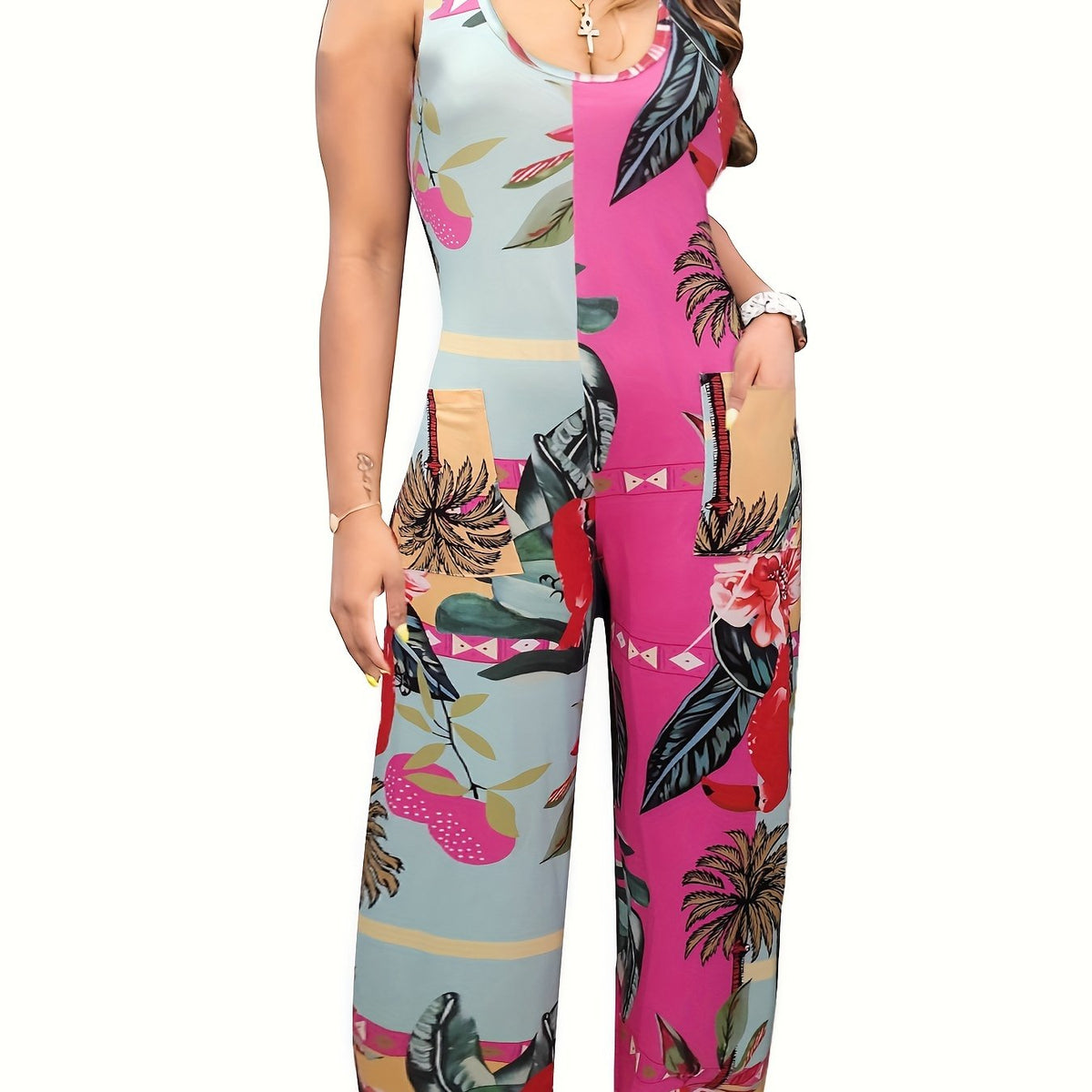 Floral Print Wide Leg Jumpsuit Boho Sleeveless Jumpsuit