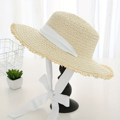 Ribbon Bowknot Straw Hat UV Protection Wide Brim Travel Beach Hat