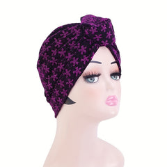 Glitter Flower Jacquard Turban Cap Solid Knotted Hijab Head Wraps