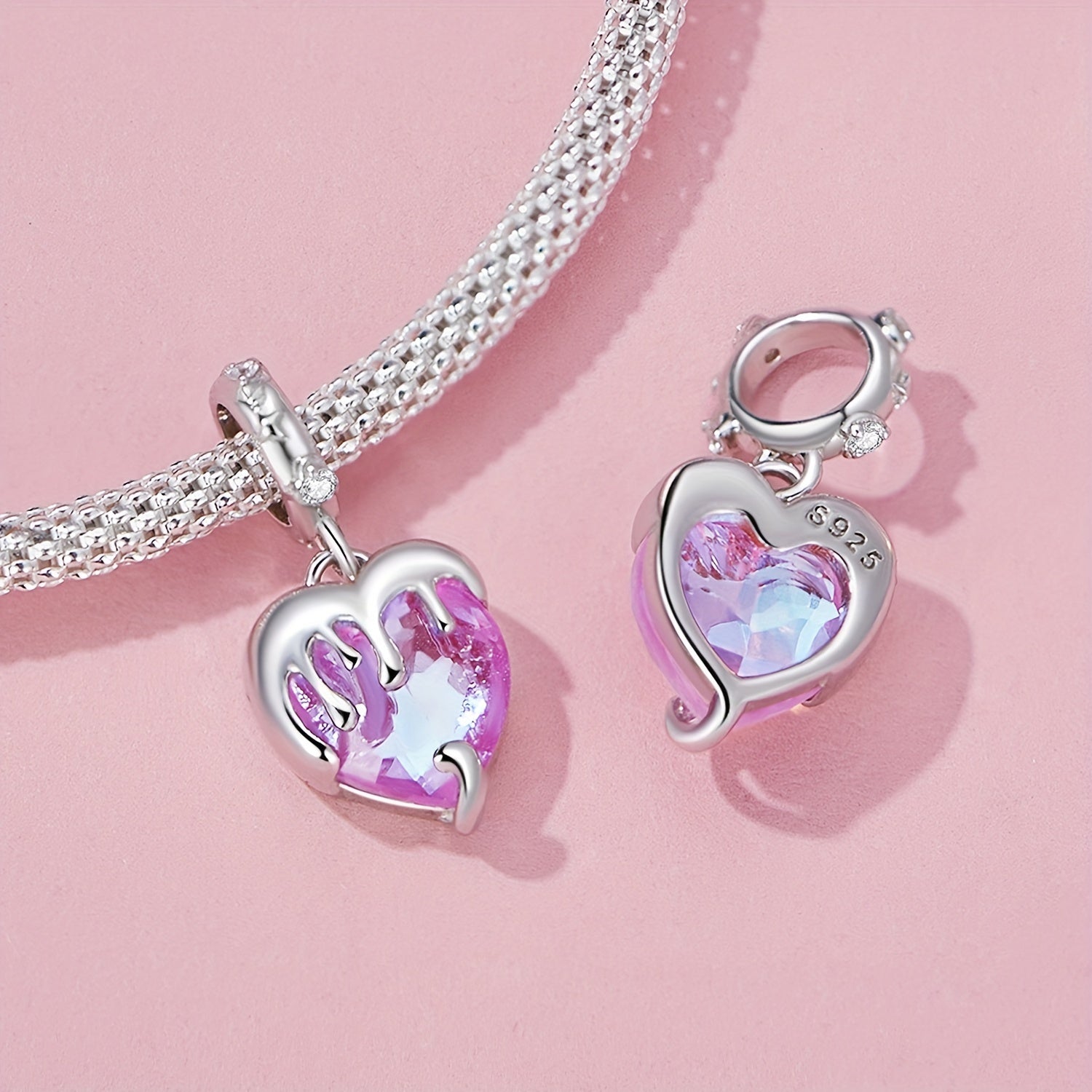 PANPOKI 925 Silver Pink Crystal Heart Pendant, DIY Fine Jewelry