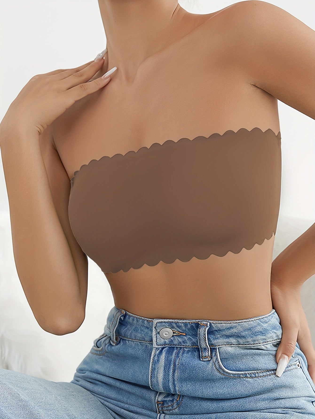 Soft Strapless Bandeau Bra with Scallop Trim for Women