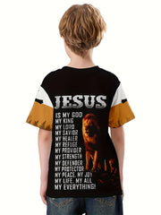 Lion Cross 3D Print Boys T-shirt Summer Lightweight Round Neck Top