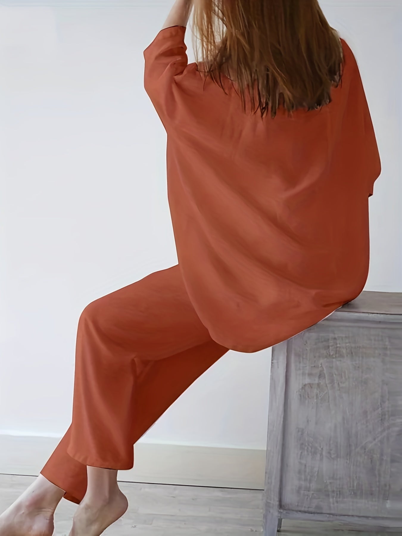  Solid Long Sleeve Top & Pants Set Round Neck Outfit