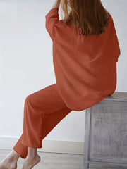  Solid Long Sleeve Top & Pants Set Round Neck Outfit