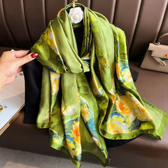 Lotus Print Scarf Vintage Satin Shawl Sunscreen Windproof Head Wrap