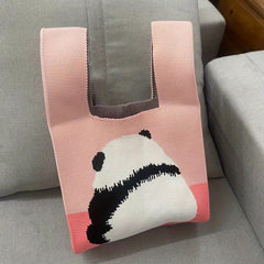 Knitted Panda Pattern Handbag Colorblock Satchel Bag