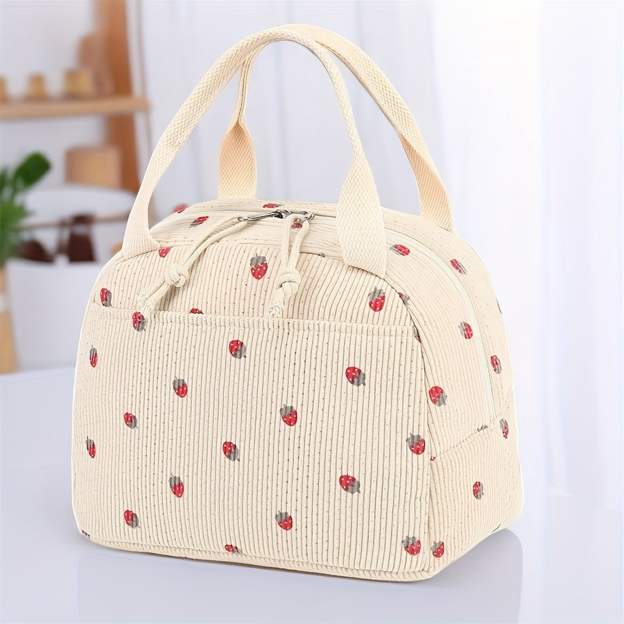 Corduroy Lunch Bag Strawberry Thermal Tote Large Capacity Cooler
