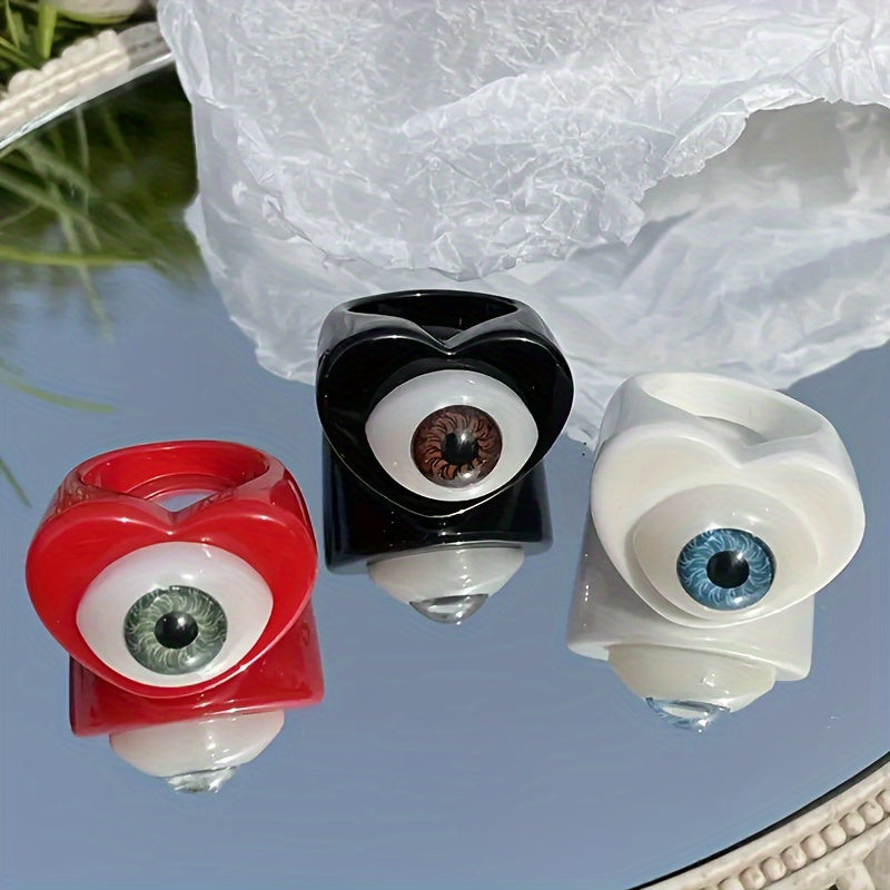 3pcs Gothic Punk Resin Acrylic Ring Evil Eyes Hearts Candy Lucky Eye Jewelry