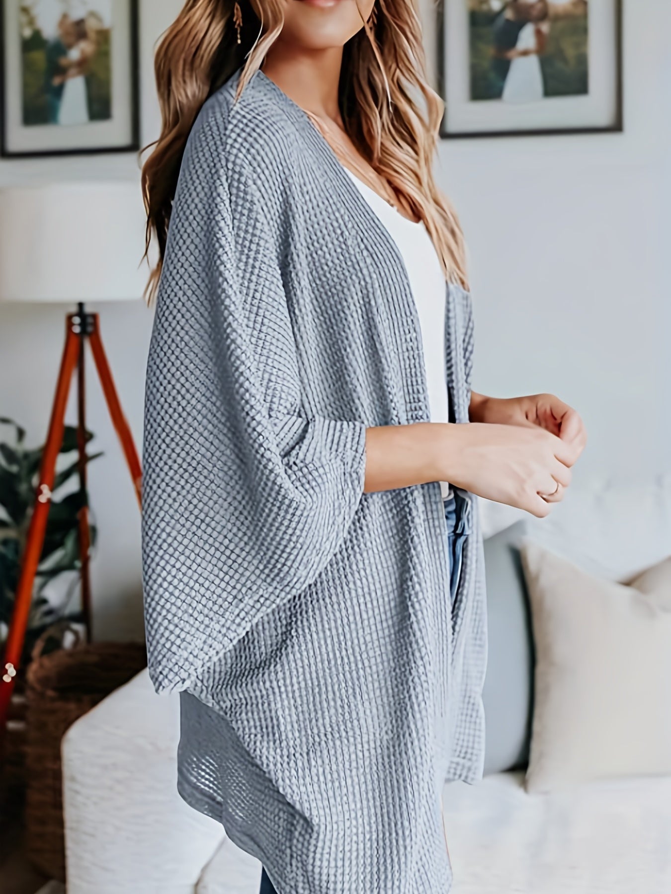  Casual Cardigan Women's Plus Waffle Pattern Bat Sleeve Open Front
