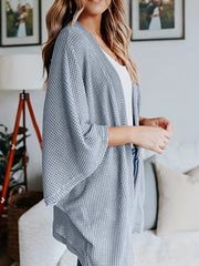  Casual Cardigan Women's Plus Waffle Pattern Bat Sleeve Open Front