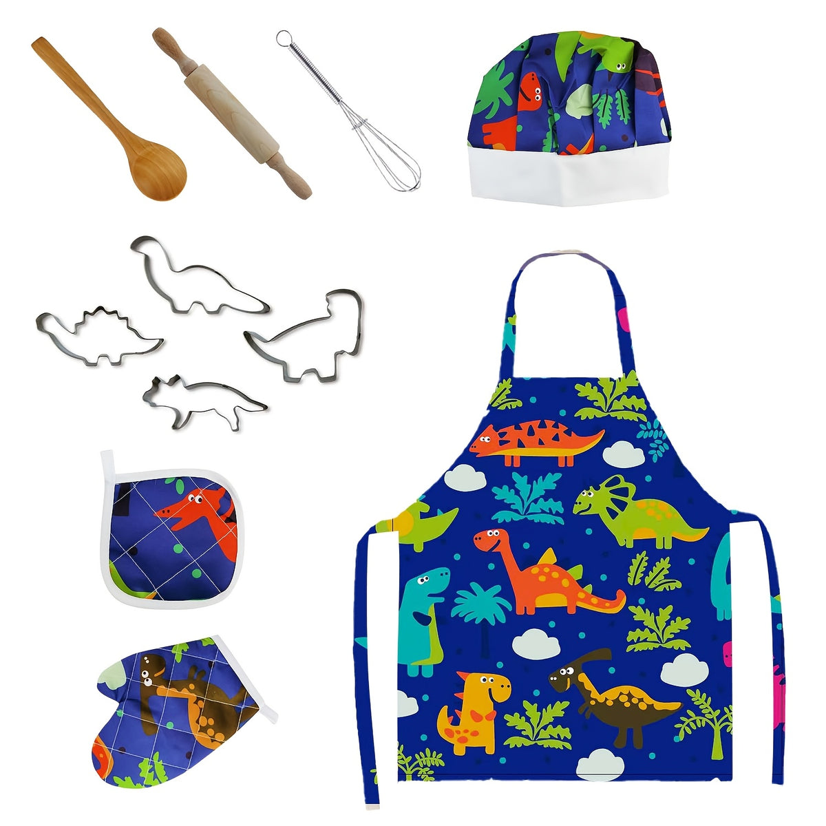 11pc Kids Kitchen Playset w/ Aprons & Baking Tools Dino/Fruit Design