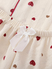 Heart Print Pajama Set Top & Shorts Elastic Waistband Women's Sleepwear