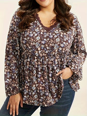 Ditsy Floral Print Lace Trim V Neck Peplum Top