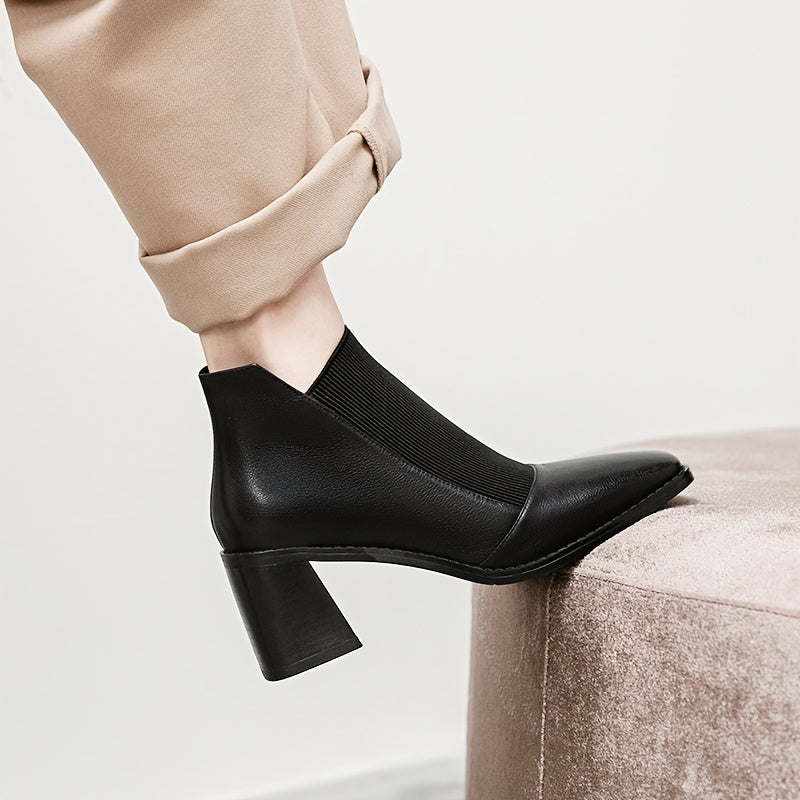 Women's Chunky Heel Ankle Boots Square Toe Knitted Slip On High Heels