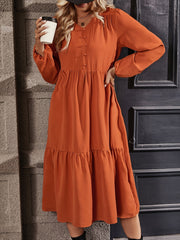  Solid Button Decor Lantern Sleeve V Neck Smock Maxi Dress