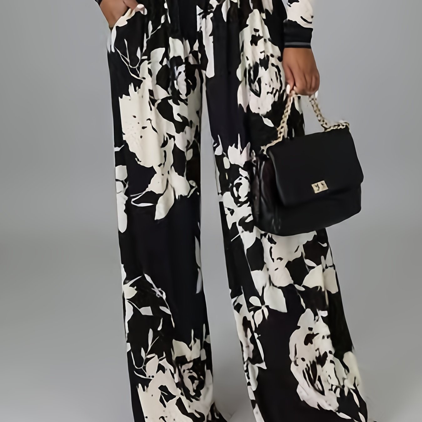 Floral Print Wide Leg Trousers High Rise Stretch Pants