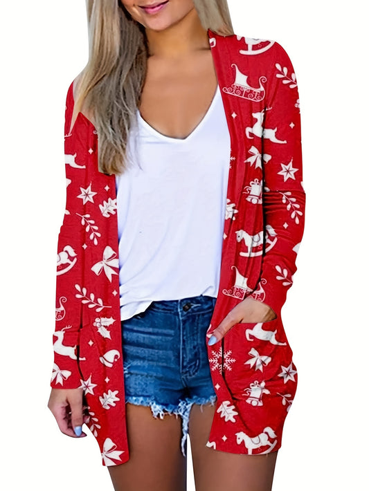  Christmas Cardigan Women's Plus Snowflake & Bell Print Long Sleeve