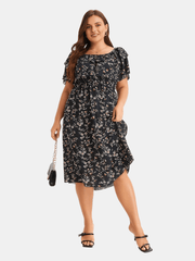  Ditsy Print Off Shoulder Ruffle Trim Dress