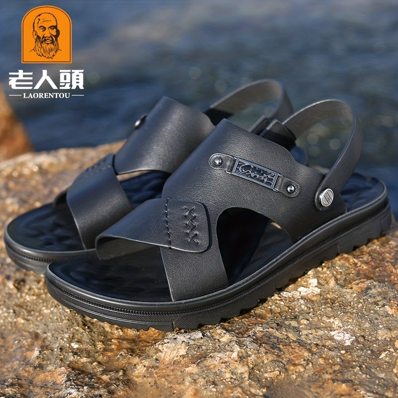 LAORENTOU Men's Leather Non Slip Sandals Wear resistant Comfy Beach Shoes