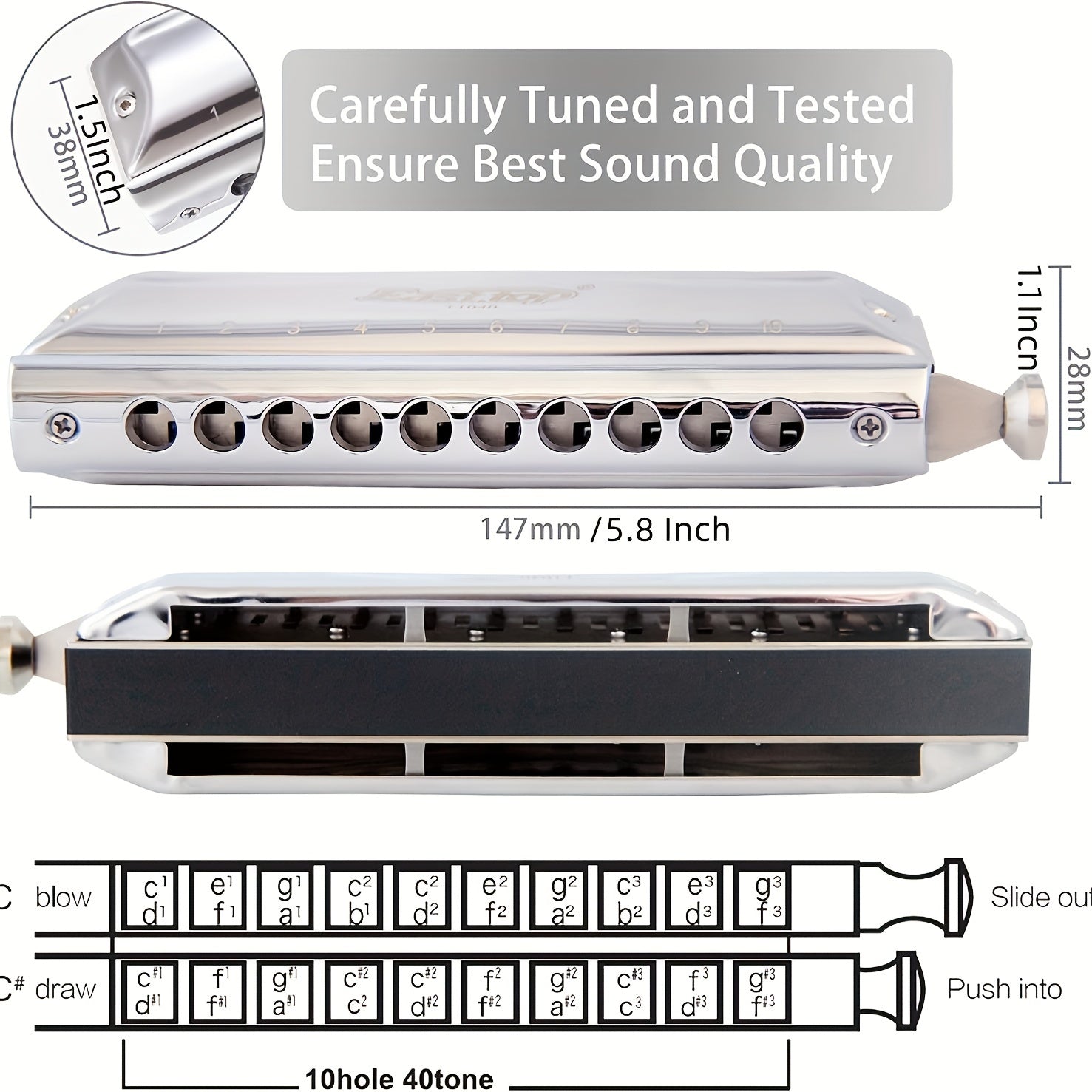 Professional 10 Hole 40 Tone Chromatic Harmonica in C