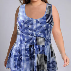  Chessboard Print Stretch Peplum Tank Top