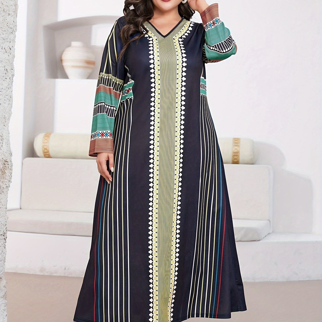  Geometric & Stripe Print Abaya Dress Long Sleeve Maxi Jalabiya