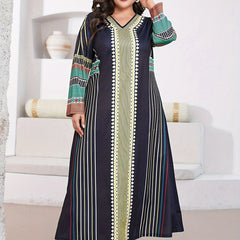  Geometric & Stripe Print Abaya Dress Long Sleeve Maxi Jalabiya