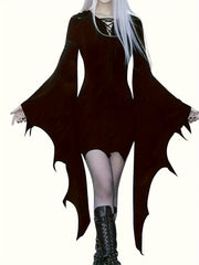  Goth Dress Women's Plus Solid Bell Sleeve V Neck Lace Up