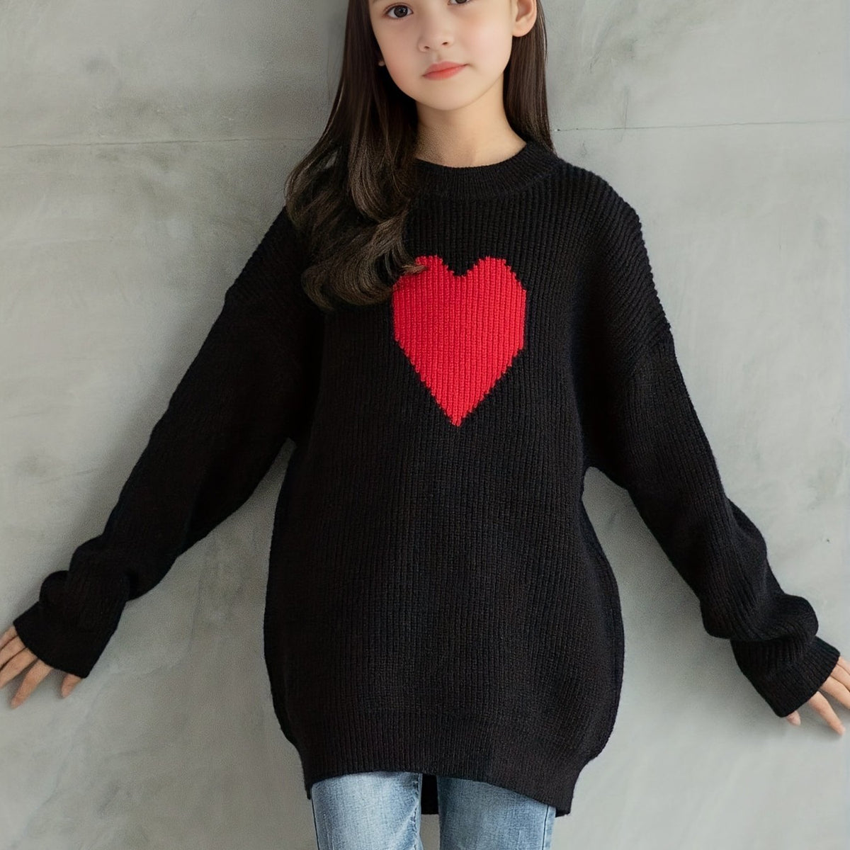 Girls Heart Graphic Knitted Sweater Long Sleeve Casual Top