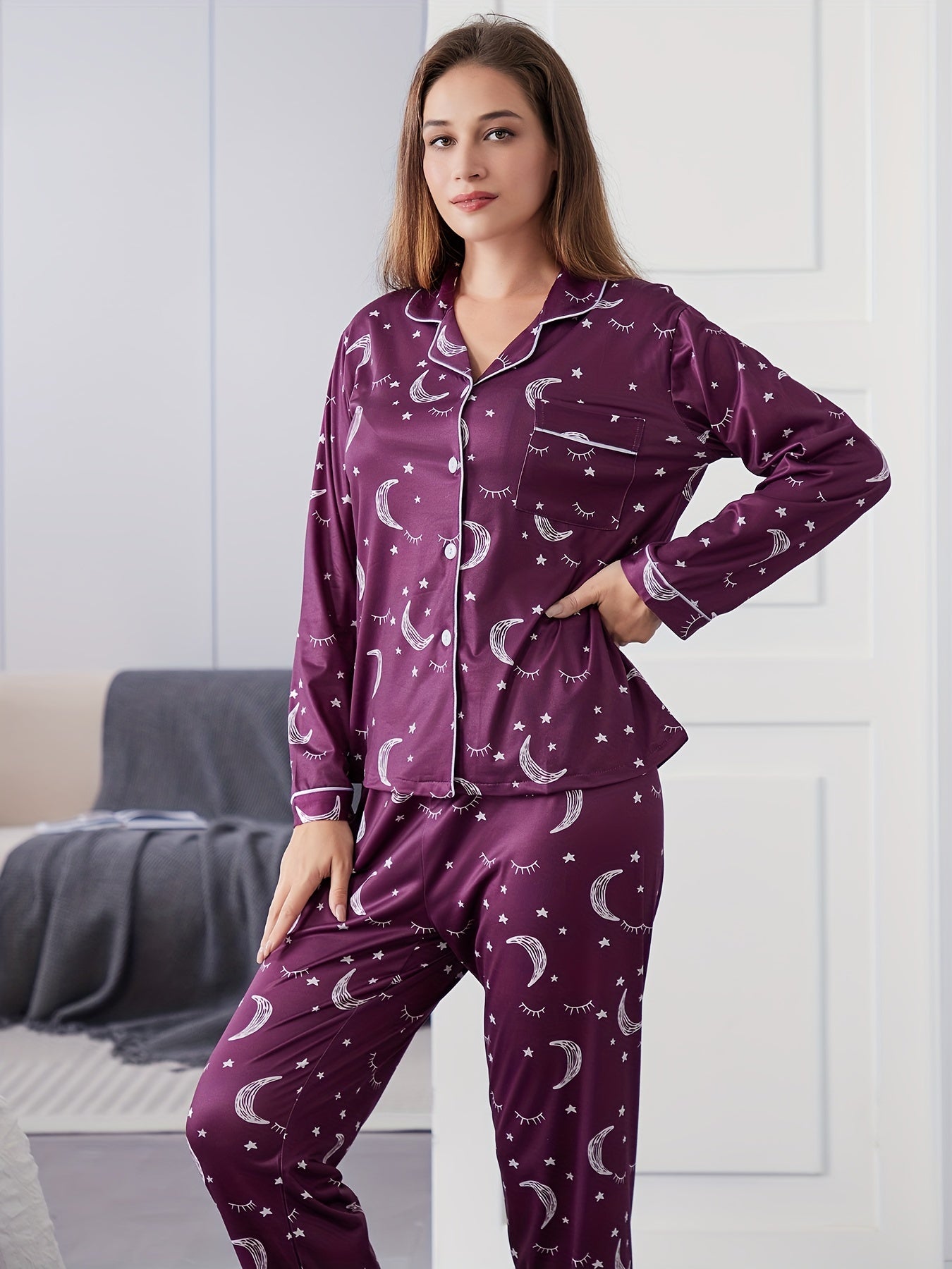 Moon Print Pajama Set Long Sleeve Top & Pants Women's Sleepwear