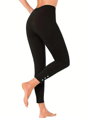  Sports Leggings Women's Plus Solid Button Decor Elastic High Waisted