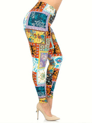 Boho Patchwork Print Plus Size High Rise Leggings
