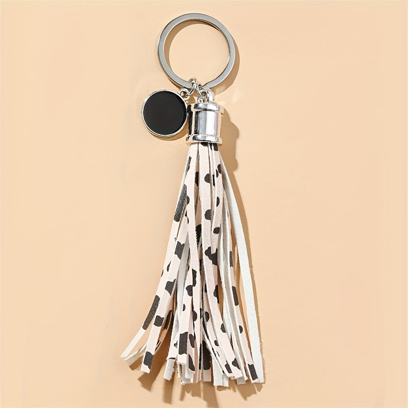 Cow Pattern Tassel Keychain PU Round Pendant Luggage Backpack Key Ring