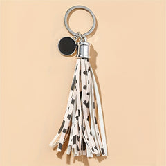 Cow Pattern Tassel Keychain PU Round Pendant Luggage Backpack Key Ring